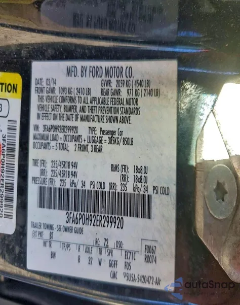 2014 Ford Fusion Se z USA, uszkodzony, nr VIN 3FA6P0H92ER299920